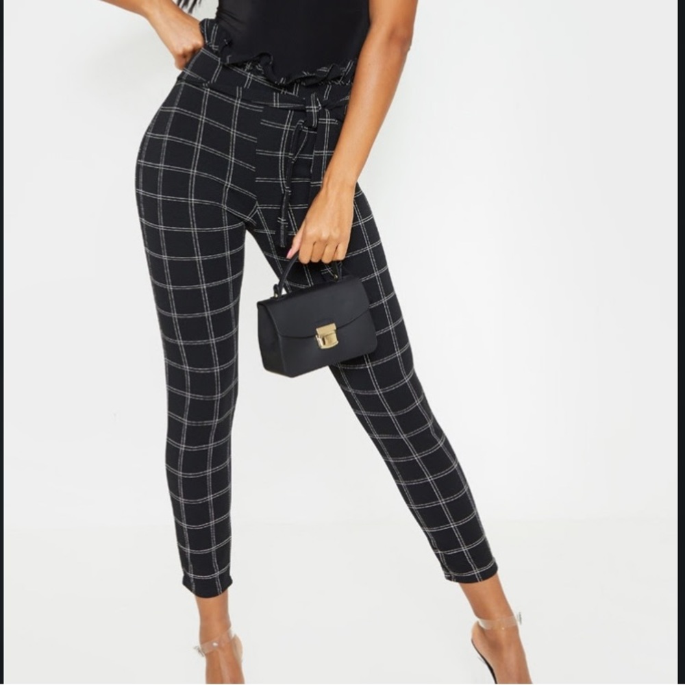 PrettyLittleThing Black Tweed Check Paperbag Skinny Pant